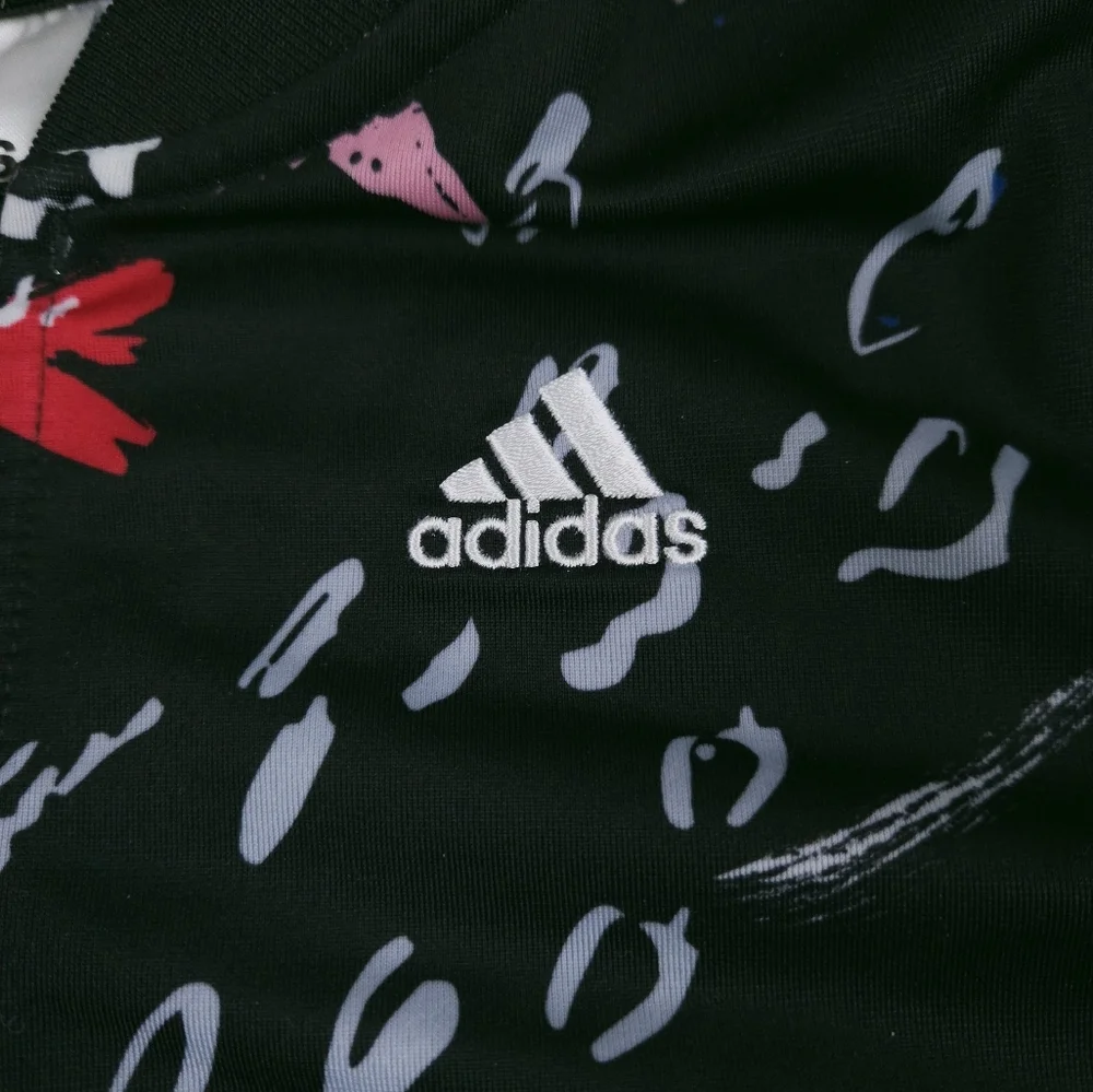 Adidas Girls Black Pink Spring Floral Tricot Tropical Track Jacket Size 10-12